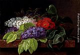 Famous Leaves Paintings - White and purple Lilacs, Camellia and Beech Leaves on a marble Ledge